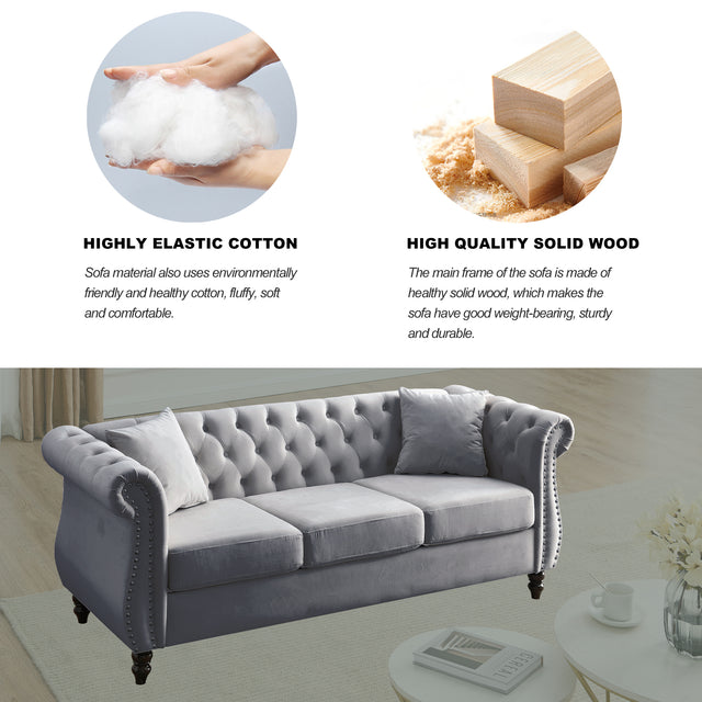 [Video] 80" Chesterfield Sofa Grey Velvet for Living Room, 3 Seater Sofa Tufted Couch with Rolled Arms and Nailhead for Living Room, Bedroom, Office, Apartment, two pillows