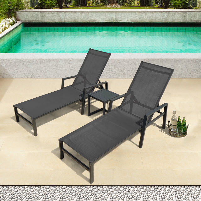 Outdoor 3-Pcs Set Chaise Lounge Chairs With Table,Five-Position Adjustable Aluminum Recliners Set,All Weather For Patio,Beach,Yard, Pool(Grey Frame/Dark Gray Fabric)