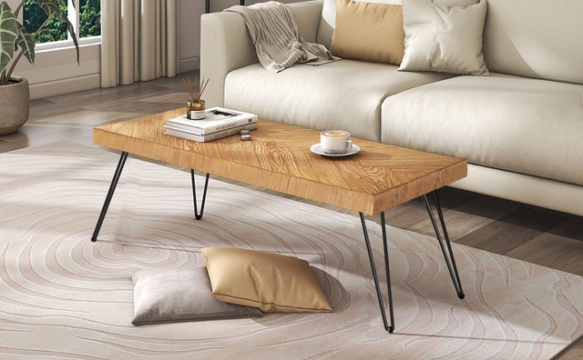 ON-TREND Modern Coffee Table, Easy Assembly Tea Table, Thicken Cocktail Table with w/Chevron Pattern & Metal Hairpin Legs for Living Room, Ash Wood Finished