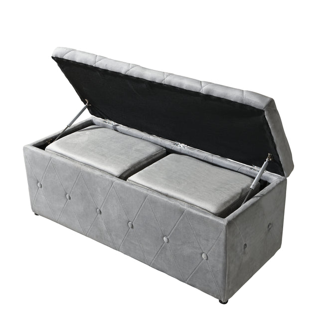 1 Piece Rectangular Storage Ottoman Short velvet with 2 Set Ottomans (Light Gray)