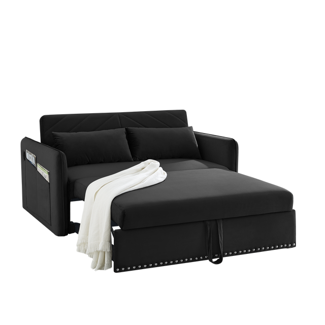 Pull-out sofa sleeper, 3-in-1 adjustable sleeper with pull-out bed, 2 lumbar pillows and side pocket, soft velvet convertible sleeper sofa bed, suitable for living room bedroom.