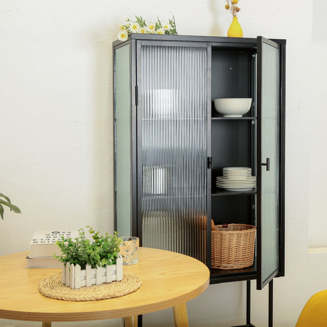 Retro Style Fluted Glass High Cabinet Storage Dual Doors Three Detachable Wide Shelves Enclosed Dust-free Storage for Living Room Bathroom Dining Room Kitchen Room Entryway,BLACK (OLD SKU:W68734128)