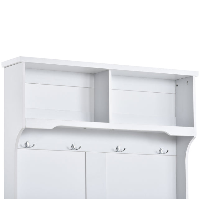 ON-TREND Hall Tree Entryway Bench with Shelves Cabinet and Four Hooks, 3-in-1 Design, White