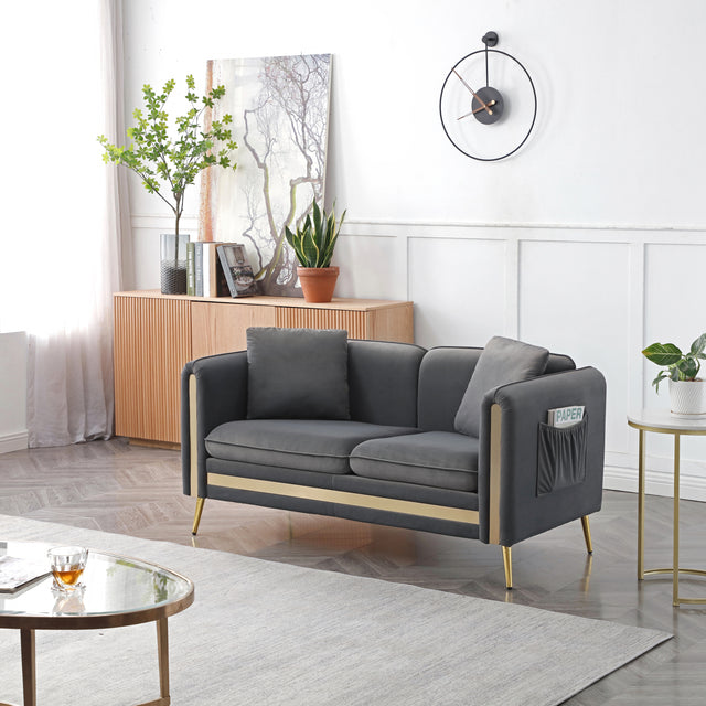 59” Modern Upholstered Velvet Loveseat Sofa 2 Seater Couch with Removable Cushions Side Pocket Mid-Century Tufted Living Room Set Gold Metal Legs,2 Pillows Included,Grey