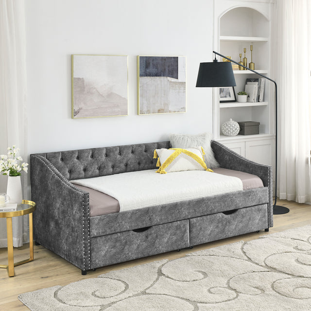 Twin Size Daybed with Drawers Upholstered Tufted Sofa Bed, with Button on Back and Copper Nail on Waved Shape Arms，Grey（81.5“x41”x30.5“）