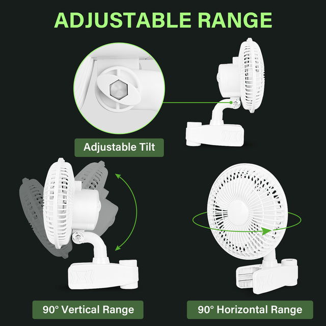 HealSmart 6-Inch Grow Tent Poles Clip Fan, Monkey Fan, Manually Adjustable 90° Angles, 15W, 2-Speeds Control, 63 inch Cord Length, White