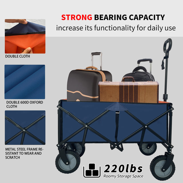 Collapsible Folding Wagon, Push Pull Foldable Beach Wagon Cart