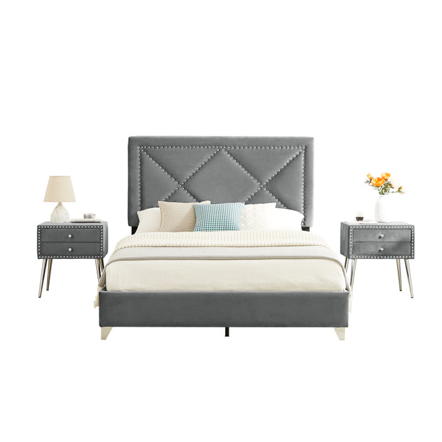 B109 Queen bed with two nightstands,Beautiful brass studs adorn the headboard, strong wooden slats + metal legs with Electroplate