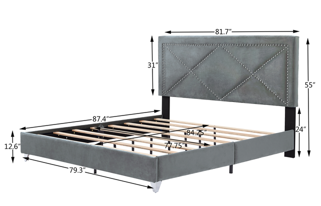 B109 King bed with one nightstand,Beautiful brass studs adorn the headboard, strong wooden slats + metal legs with Electroplate