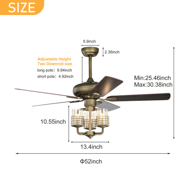 52inch Bronze Metal 3 Lights Ceiling Fan with 5 Wood Blades, Two-color fan blade, AC Motor, Remote Control, Reversible Airflow, Multi-Speed, Adjustable Height, Traditional Ceiling Fan