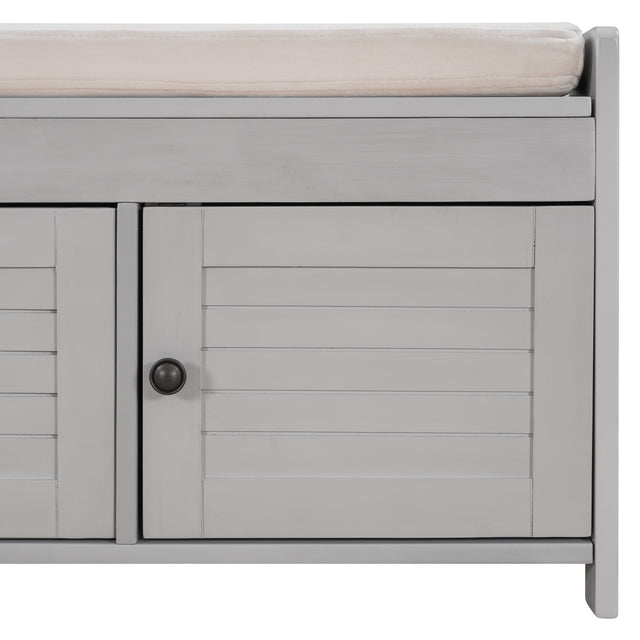 TREXM  Storage Bench with 3 Shutter-shaped Doors,  Shoe Bench with Removable Cushion and Hidden Storage Space (Gray Wash)