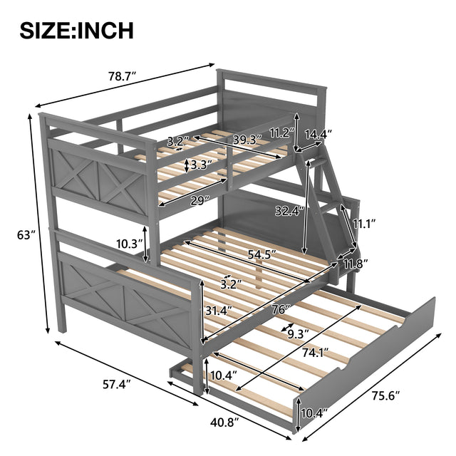 Twin over Full Bunk Bed with Ladder, Twin Size Trundle, Safety Guardrail, Gray