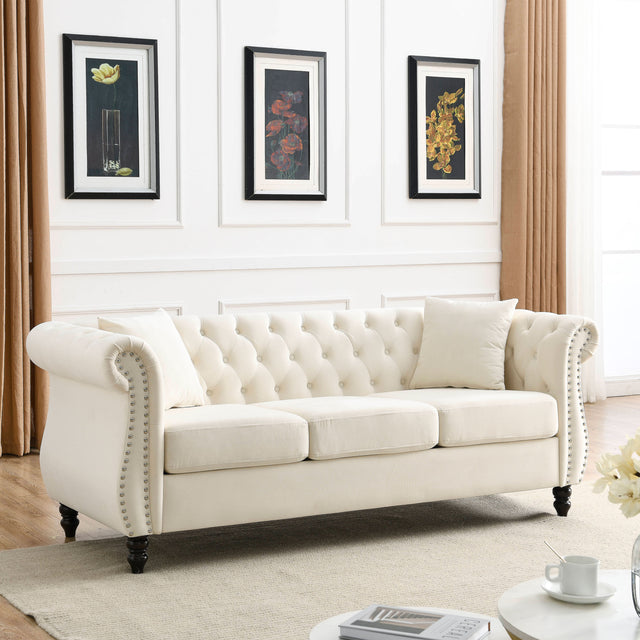 [Video] 80" Chesterfield Sofa Beige Velvet for Living Room, 3 Seater Sofa Tufted Couch with Rolled Arms and Nailhead for Living Room, Bedroom, Office, Apartment, two pillows