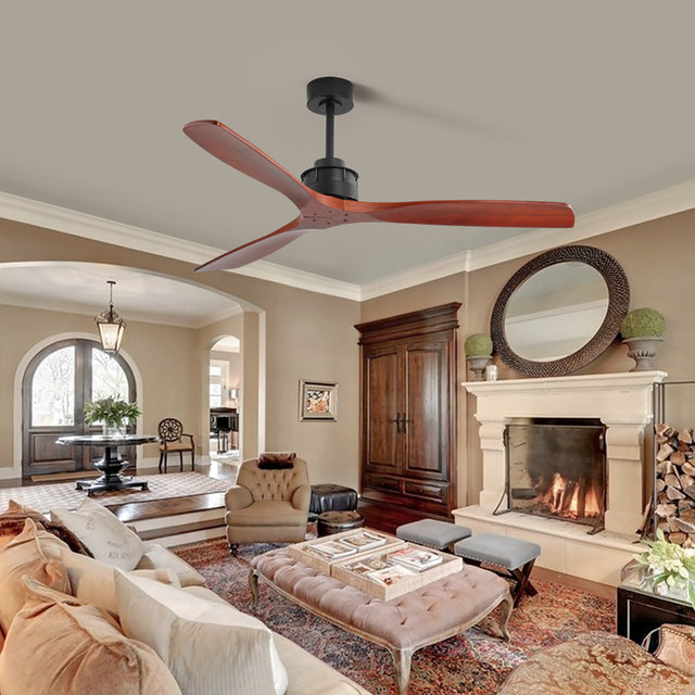 Elegant Ceiling Fan with Remote Control,3 Mahogany Solid Wood Blades,60 Inches Suitable for Indoor and Outdoor