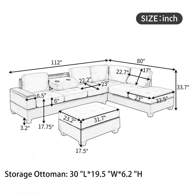 Orisfur. Modern Sectional Sofa with Reversible Chaise, L Shaped Couch Set with Storage Ottoman and Two Cup Holders for Living Room