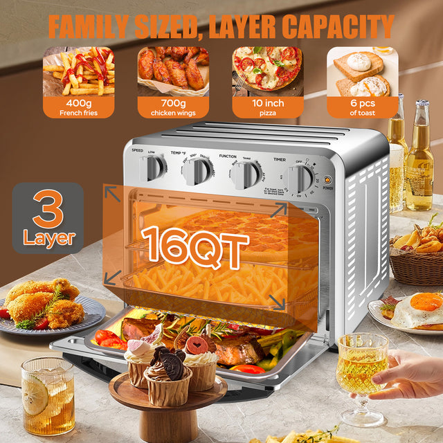 Geek Chef Air Fryer Toaster Oven Combo, 4 Slice Toaster Convection Air Fryer Oven Warm, Broil, Toast, Bake, Air Fry, Oil-Free, Accessories Included, Stainless Steel, Silver(16QT Air Fryer Oven) Ban on