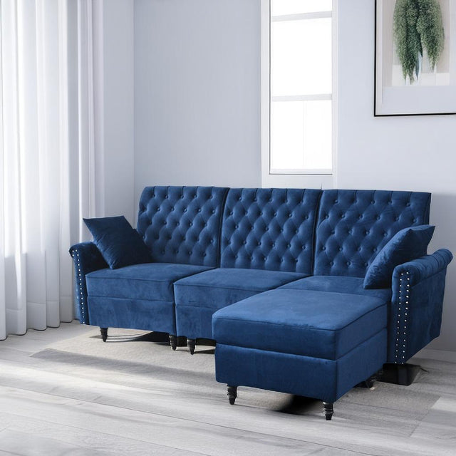 Redde Boo Blue Velvet Soft K/D Sofa And Stool With Storage, High Quality Classic Free Living  Room Sectional Fabirc Sofa