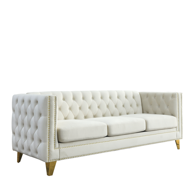{Contact us for 3D modeling} Velvet Sofa for Living Room,Buttons Tufted Square Arm Couch, Modern Couch Upholstered Button and Metal Legs, Sofa Couch for Bedroom, Beige Velvet