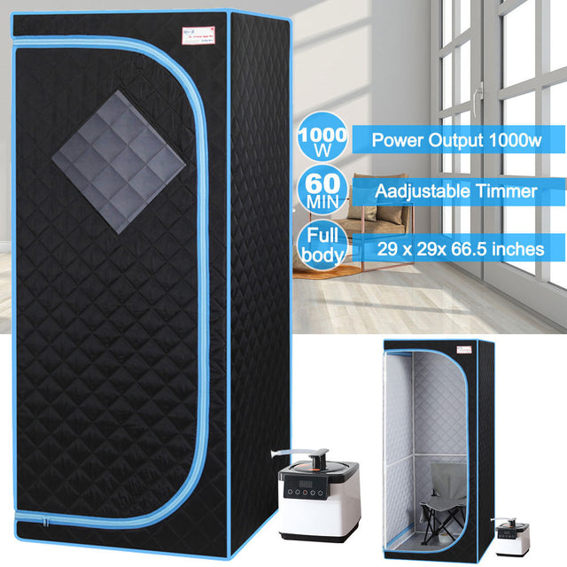 Full Size Portable Black Steam Sauna tent–Personal Home Spa, with Steam Generator, Remote Control, Foldable Chair, Timer and PVC Pipe Connector Easy to Install.Fast heating, with FCC Certification
