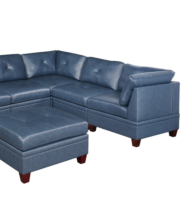 Genuine Leather Ink Blue Tufted 6pc Sectional Set 3x Corner Wedge 3x Armless Chair Living Room Furniture Sofa Couch