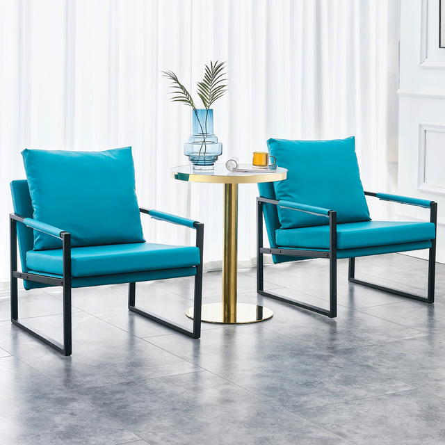 PU Leather Accent Arm Chair Mid Century Modern Upholstered Armchair with Metal Frame Extra-Thick Padded Backrest and Seat Cushion Sofa Chairs for Living Room ( Cyan PU Leather + Metal + Foam )