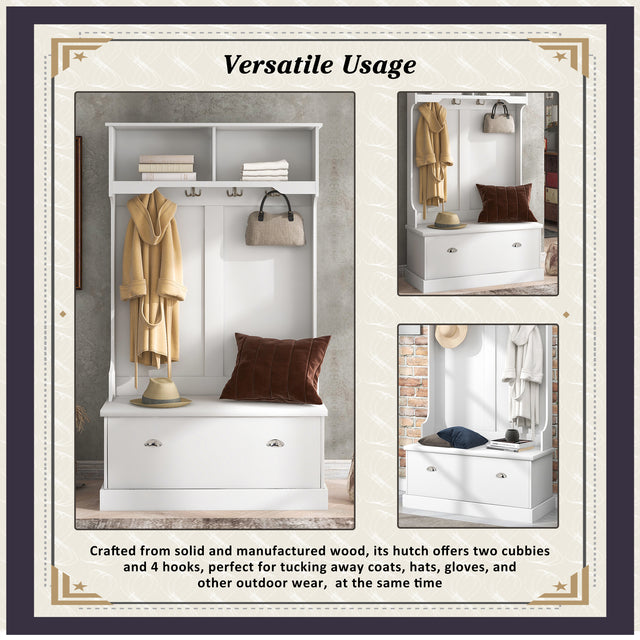 ON-TREND Hall Tree with 4 Hooks, Coat Hanger, Entryway Bench, Storage Bench, 3-in-1 Design, for Livingroom, Hallway (white)