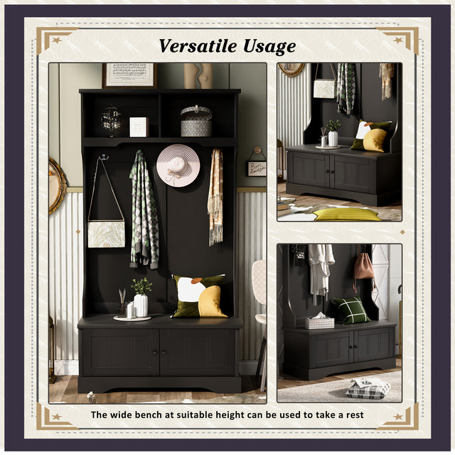 ON-TREND Hall Tree Entryway Bench with Shelves Cabinet and Four Hooks, 3-in-1 Design, Black