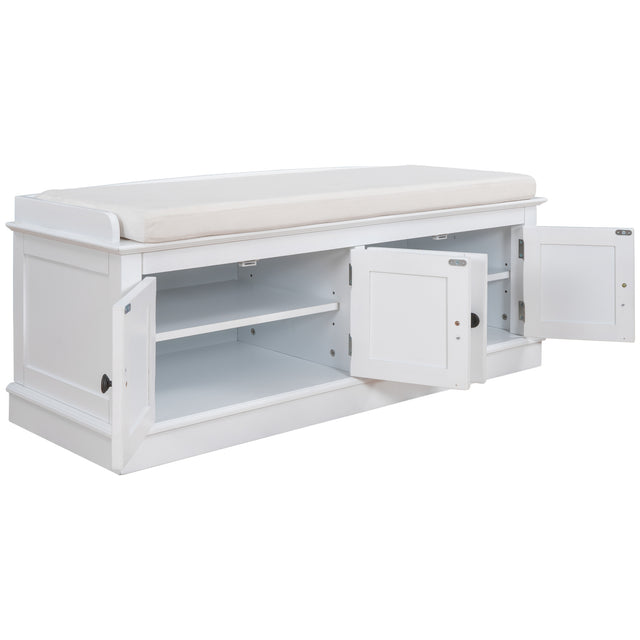 TREXM Storage Bench with 4 Doors and Adjustable Shelves, Shoe Bench with Removable Cushion for Living Room, Entryway (White)