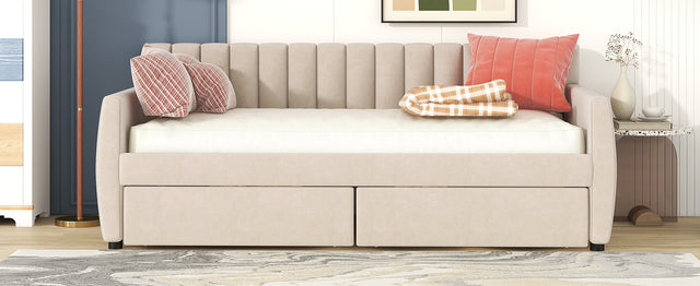 Twin Size Upholstered daybed with Drawers, Wood Slat Support, Beige