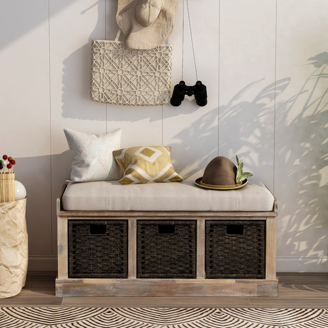TREXM Rustic Storage Bench with 3 Removable Classic Rattan Basket , Entryway Bench with Removable Cushion (White Washed)