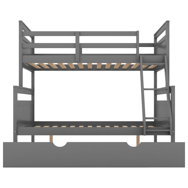 Twin over Full Bunk Bed with Ladder, Twin Size Trundle, Safety Guardrail, Gray