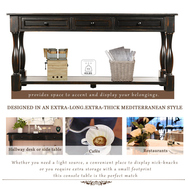 TREXM Console Table 64" Long Extra-thick Sofa Table with Drawers and Shelf for Entryway, Hallway, Living Room (Distressed Black)