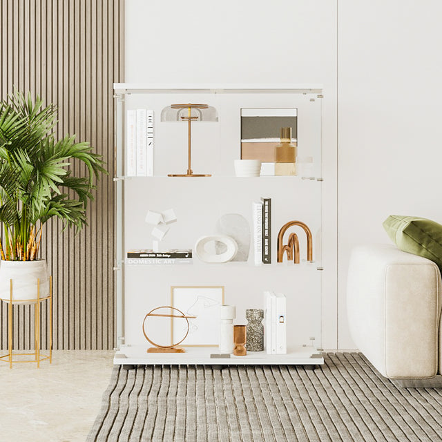 Two-door Glass Display Cabinet 3 Shelves with Door, Floor Standing Curio Bookshelf for Living Room Bedroom Office, 49.49” x 31.77”x 14.37”, White