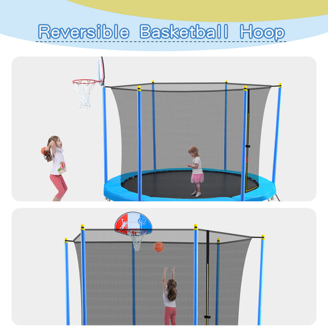 8FT Trampoline for Kids with Safety Enclosure Net, Basketball Hoop and Ladder, Easy Assembly Round Outdoor Recreational Trampoline