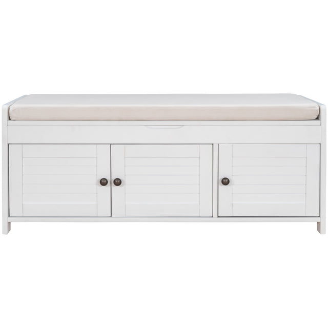 TREXM  Storage Bench with 3 Shutter-shaped Doors,  Shoe Bench with Removable Cushion and Hidden Storage Space (White)