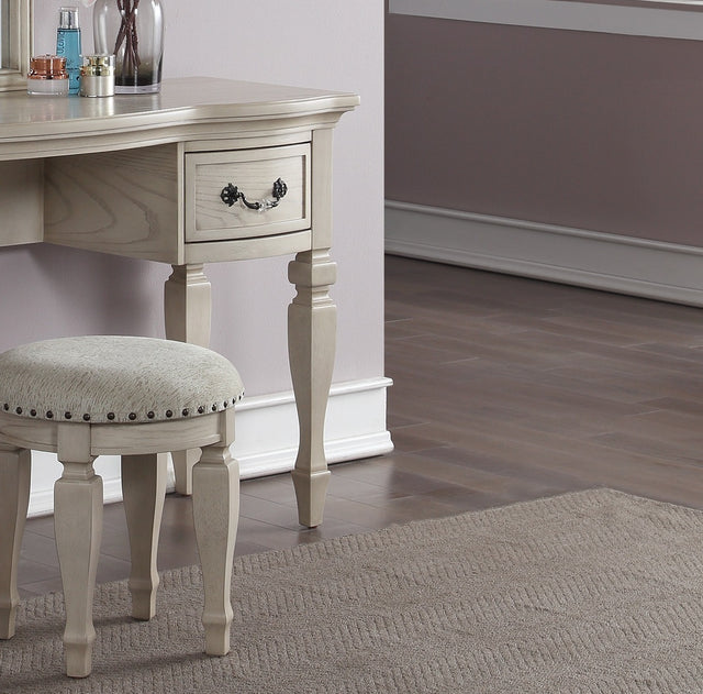 Bedroom Classic Vanity Set Wooden Carved Mirror Stool Drawers Antique White