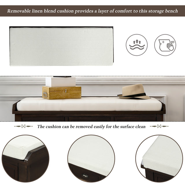 TREXM Rustic Storage Bench with 3 Drawers and 3 Rattan Baskets, Shoe Bench for Living Room, Entryway (Espresso)