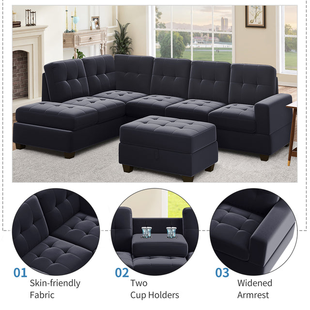 Orisfur. Modern Sectional Sofa with Reversible Chaise, L Shaped Couch Set with Storage Ottoman and Two Cup Holders for Living Room