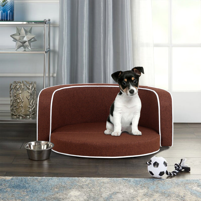 30" Brown Round Pet Sofa, Dog sofa, Dog bed, Cat Bed, Cat Sofa, with Wooden Structure and Linen Goods White Roller Lines on the Edges Curved Appearance pet Sofa with Cushion
