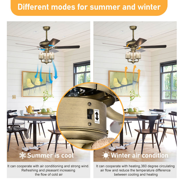 52inch Bronze Metal 3 Lights Ceiling Fan with 5 Wood Blades, Two-color fan blade, AC Motor, Remote Control, Reversible Airflow, Multi-Speed, Adjustable Height, Traditional Ceiling Fan