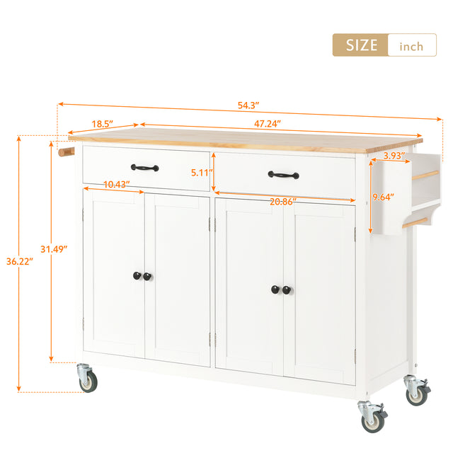 Kitchen Island Cart with Solid Wood Top and Locking Wheels，54.3 Inch Width，4 Door Cabinet and Two Drawers，Spice Rack, Towel Rack （White）