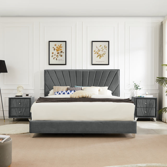 B109 King bed with two nightstands,Beautiful brass studs adorn the headboard, strong wooden slats + metal legs with Electroplate