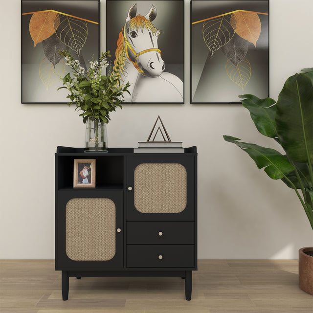 Sideboard Cabinet Display Buffet Storage Cabinet with 2 Woven Cane Doors，2 Drawers and 1 Storage Shelf-black