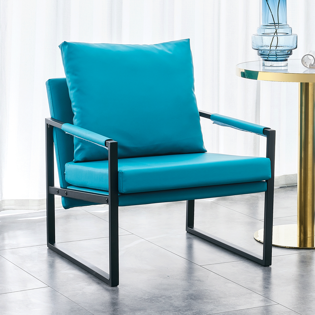 PU Leather Accent Arm Chair Mid Century Modern Upholstered Armchair with Metal Frame Extra-Thick Padded Backrest and Seat Cushion Sofa Chairs for Living Room ( Cyan PU Leather + Metal + Foam )