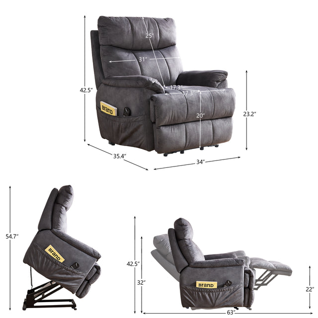 Large size Electric Power Lift Recliner Chair Sofa for Elderly, 8 point vibration Massage and lumber heat, Remote Control, Side Pockets, cozy fabric, overstuffed arm, heavy duty 230LB