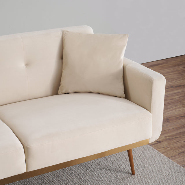 Modern beige velvet sand living room sofa with midfoot and two throw pillows