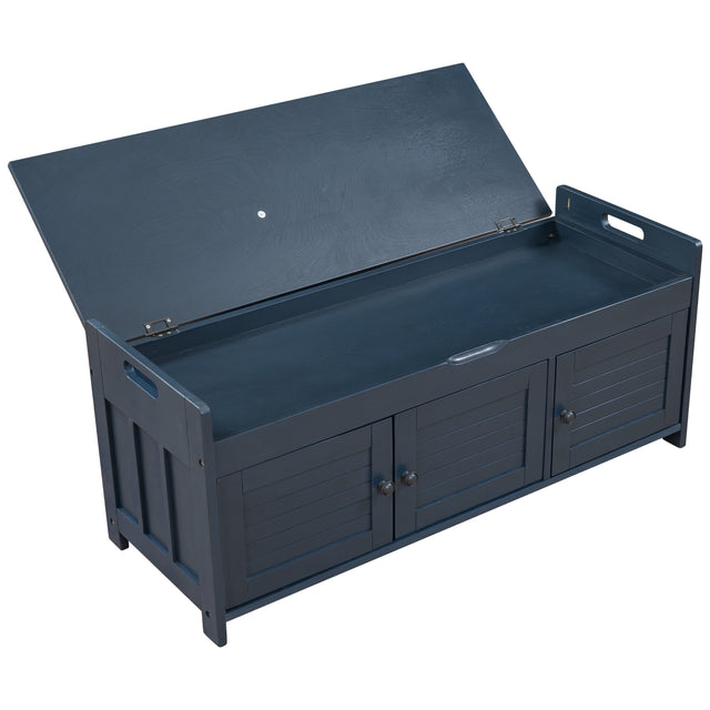 TREXM  Storage Bench with 3 Shutter-shaped Doors,  Shoe Bench with Removable Cushion and Hidden Storage Space (Antique Navy)