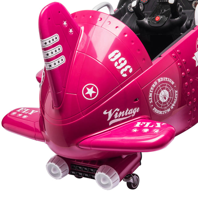 12V Electric Kids Ride on Toy Plane with USB, FM, Wind-Driven Propeller, 360-Degree Rotating by 2 Joysticks, Remote Control for Kids 3 to 6, Rose Red