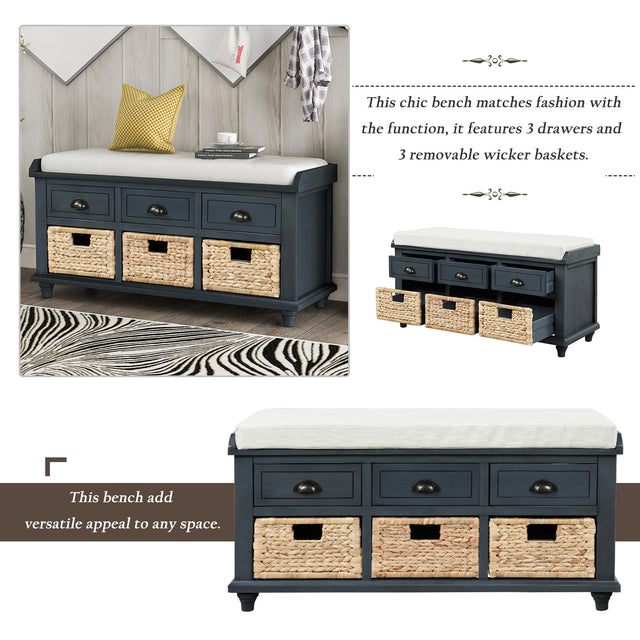 TREXM Rustic Storage Bench with 3 Drawers and 3 Rattan Baskets, Shoe Bench for Living Room, Entryway (Antique Navy)