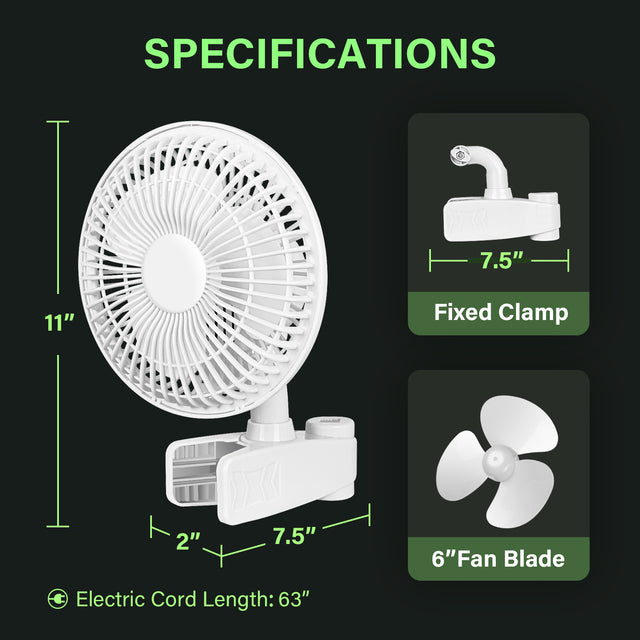 HealSmart 6-Inch Grow Tent Poles Clip Fan, Monkey Fan, Manually Adjustable 90° Angles, 15W, 2-Speeds Control, 63 inch Cord Length, White
